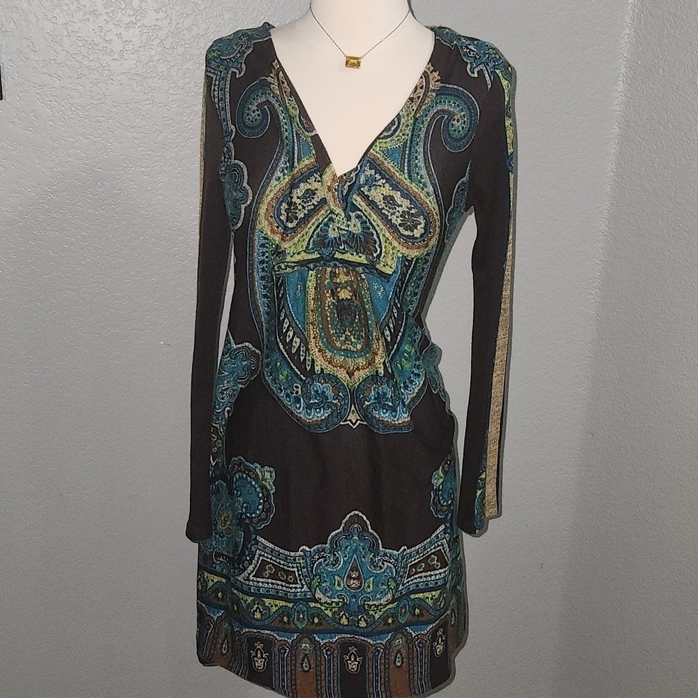 Snap- Empire Style- Long Sleeve -Paisley Brown, Blue & Green Dress- Medium